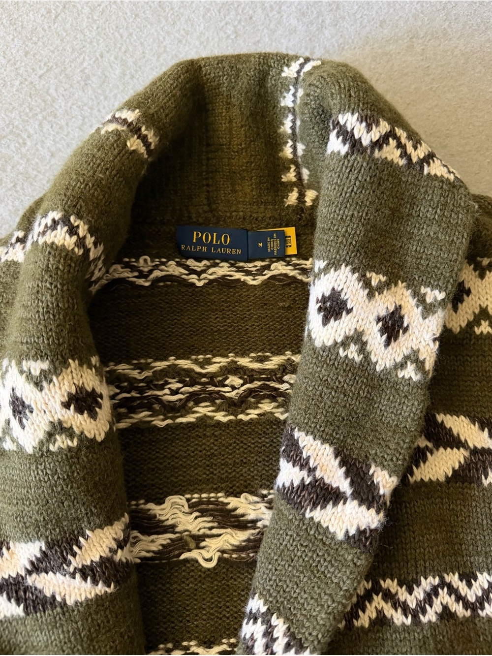 Polo Ralph Lauren Women Medium Fair Isle Belted Cardigan Olive Wool Linen Preppy - Picture 7 of 9